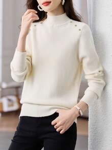 Women's Solid Color Turtleneck Pullover Sweater, Knit Long Sleeve Top For Autumn/Winter