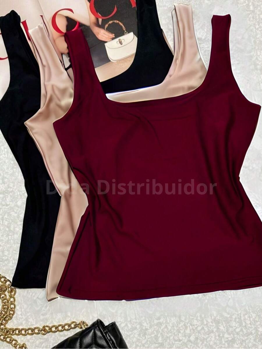Kit Of 3 Women's Summer Tank Tops In Premium Suplex, Double Lining, Basic, Plain - Black Beige Wine - View 1