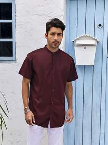Camisa Masculina Manga Curta Gola Padre Slim Casual Elegante Verão Praia - Vinho - Visão 2