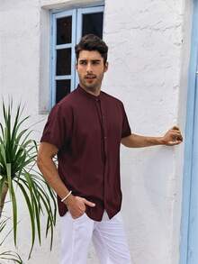 Camisa Masculina Manga Curta Gola Padre Slim Casual Elegante Verão Praia - Vinho - Visão 3