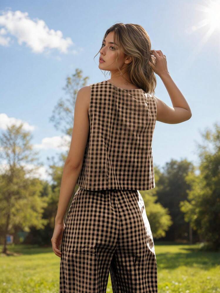 Women Plaid Sleeveless Cropped Tee And Pants Casual Two-Piece Outfit Comfortable Woven Fabric Round Neck - Khaki - View 5
