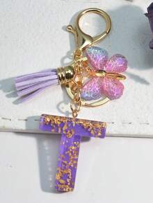 1pc Resin Starry Sky Epoxy English Letter Keychain With Tassel & Fluffy Pom Pom Decor, Gift For Friends & Mothers, Heart Pendant Christmas - Purple - View 22