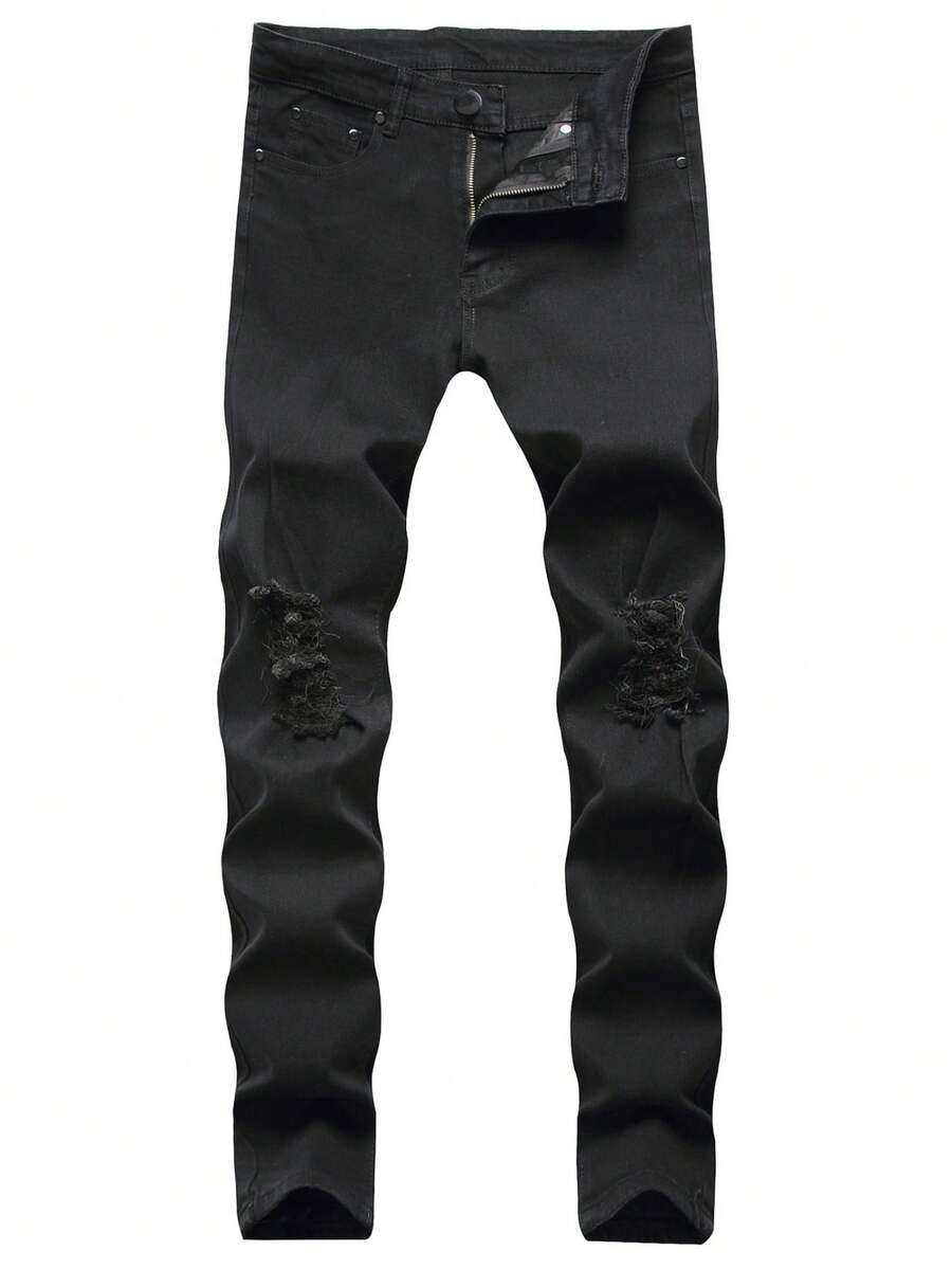 男士直筒破洞牛仔裤，弹力棉质牛仔布休闲破洞牛仔裤，Emo 风格 - 黑色 - 查看 1