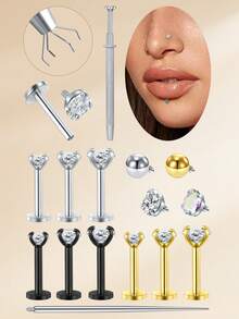 3pcs Funky Stainless Steel Cubic Zirconia Lip Studs For Women For Daily Decoration, 16G Lip Piercing Jewelry Lip Rings Studs With Puncture Tool Internal Thread Lip Studs Nose Stusd Helix Conch Tragus Earrings Studs, Set 2mm 3mm 4mm CZ