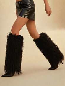 Bốt cao đến đầu gối bằng lông cho phụ nữ, bốt cao gót nhọn dành cho phụ nữ, bốt nửa đầu bằng lông, bốt dài mùa đông, bốt lông xù - màu đen - Xem 3