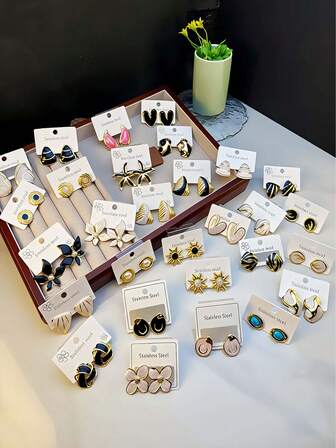 30 nuevos pendientes de acero inoxidable de moda/Conjunto de pendientes de aguja de goma grande con estilo de dibujos animados de frutas y animales hechos a mano con efecto de goteo de aceite, mezcla de estilos aleatorios, grosor y tamaño inconsistentes, pendientes hipoalergénicos, pendientes para mujeres, joyería>pendientes de mujer