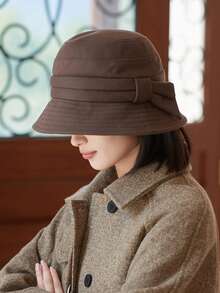 1 szt. damski jesienny kapelusz rybaka z kokardą, zimowy kapelusz typu bucket z długim rondem, elegancki, ciepły kapelusz typu bucket w jednolitym kolorze, odpowiedni do codziennego noszenia jesienią/zimą i jesiennymi strojami