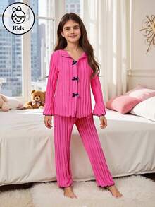 2 件女童睡衣套装，秋冬，时尚休闲优雅蝴蝶结领 V 领长袖上衣和淡紫色长裤 - 玫紅色 - 查看 10