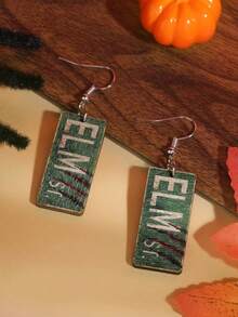 1 Pair Retro Rectangular Wooden Letter Print Earrings, Halloween Horror Style Earrings Accessories For Women