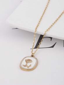 1件18K镀金不锈钢复古纹理几何玫瑰花吊坠可调节项链，百搭、优雅、浪漫，适合女性日常佩戴、度假、送给朋友和女友的礼物，社交送礼佳品。 - 金色 - 查看 6