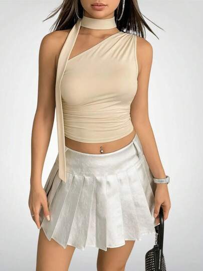 Cropped Blusa Cor Sólido com Fita Removível Pescoço Verão