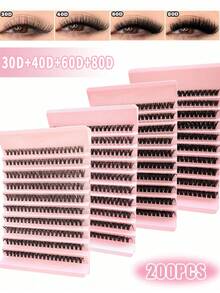 Kit completo de extensión de pestañas DIY: 200 pestañas agrupadas, pestañas individuales reutilizables gruesas y esponjosas con curvatura 80D/60D/40D/30D para maquillaje de ojos en fiestas, escenarios y festivales, racimos de pestañas, pestañas individuales, pestañas postizas