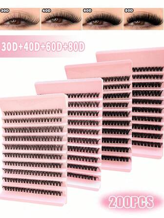 Komplett gör-det-själv-fransförlängningskit: 200 klustrade fransar, 80D/60D/40D/30D krökning Återanvändbara tjocka fluffiga individuella fransar för fest, scen, festival, ögonmakeup. Franskluster, ögonfranskluster, individuella ögonfransar, fransar, lösögonfransar.