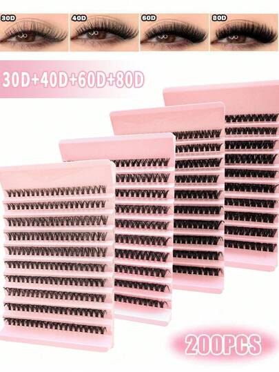 Kit complet de extensii de gene DIY: 200 de gene grupate, gene individuale reutilizabile, groase și pufoase, cu curbură 80D/60D/40D, pentru machiajul ochilor, petreceri, scenă, festivaluri, gene grupate, gene individuale, gene, gene false