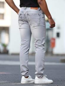 Pantalones vaqueros gris claro de tiro alto y corte entallado, elásticos y cómodos, versátiles para uso casual - Gris - Ver 2