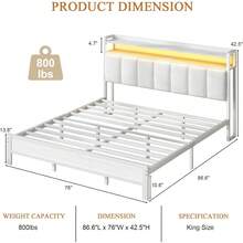 LED Bed Frame With Charging Station, Upholstered Platform Bed Frame With Storage Headboard, Modern Bed Frame With Heavy Duty Metal Slats Support, No Box Spring Needed, Easy Assembly, Black/ White/ Beige, Twin/ Full/ Queen/ King - 白色 - 查看 10