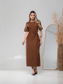 Long Dress With Short Sleeves With Belt Formal And Evening V775 - Rust Brown - View 1