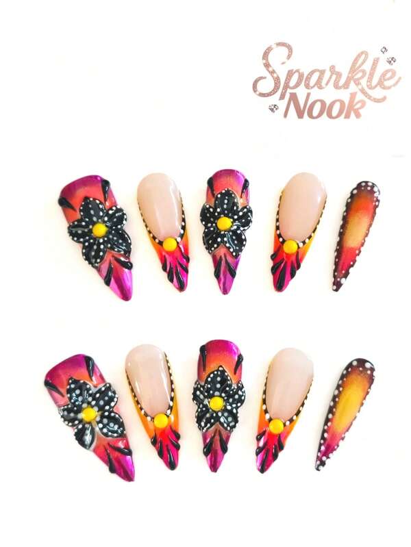 10-teiliges Set handgefertigter tragbarer Nägel, 33mm schmale High Heel Nägel, 2025 Sommer Neuer Millennium Stil Nagelkunst Set, Halloween limitierte Auflage Nägel, Weihnachtsnägel, Y2K Stil, Aufklebe-Nägel, kurze Nägel Nagelbedarf