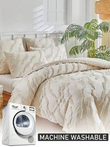 2/3件套卡其色斑马纹簇绒提花被套套装，现代波西米亚风格四季皆宜床上用品套装，大号/特大号被套，柔软透气，可机洗，拉链封口（1个被套+1/2个枕套，不含填充物） - 卡其色 - 查看 8