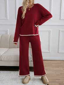GAOVOT Women's Sweater Two Pieces Simple Loose Casual Color Contrast Round Neck Long Sleeve Sweater And Loose Wide Leg Straight Pant Suit - 酒紅色 - 查看 3