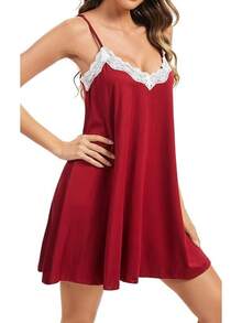 Nightgowns Women Lace Sleepwear Short Night Gowns Sleeveless Chemise Nighty - 櫻桃紅 - 查看 2