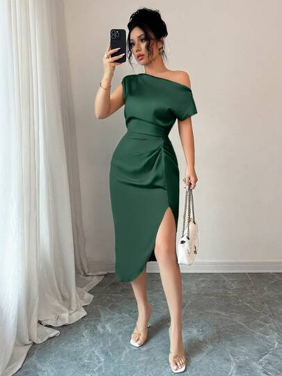 abyoxi Sage Green Color Elegant Asymmetrical Neck Waist Handmade Pleated Sexy Satin Elegant Dress,Dating,Birthday Party&Wedding Guast&Graduation Party,New Women's Clothing
