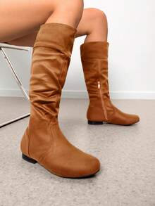 Women's Knee High Boots Pull On Side Zipper Tall Boots For Autumn/Winter - Maroon - View 1