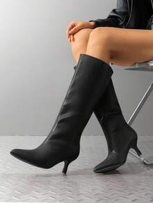 Women's Knee High Kitten Heel Boots Solid Color Sexy Pointed Toe Fashion Party Festival Long Tall Boots For  Autumn/Winter - 黑PU - 查看 1