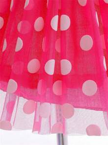女童波尔卡圆点印花短袖公主可爱泡泡袖连衣裙，夏季 - 玫紅色 - 查看 5
