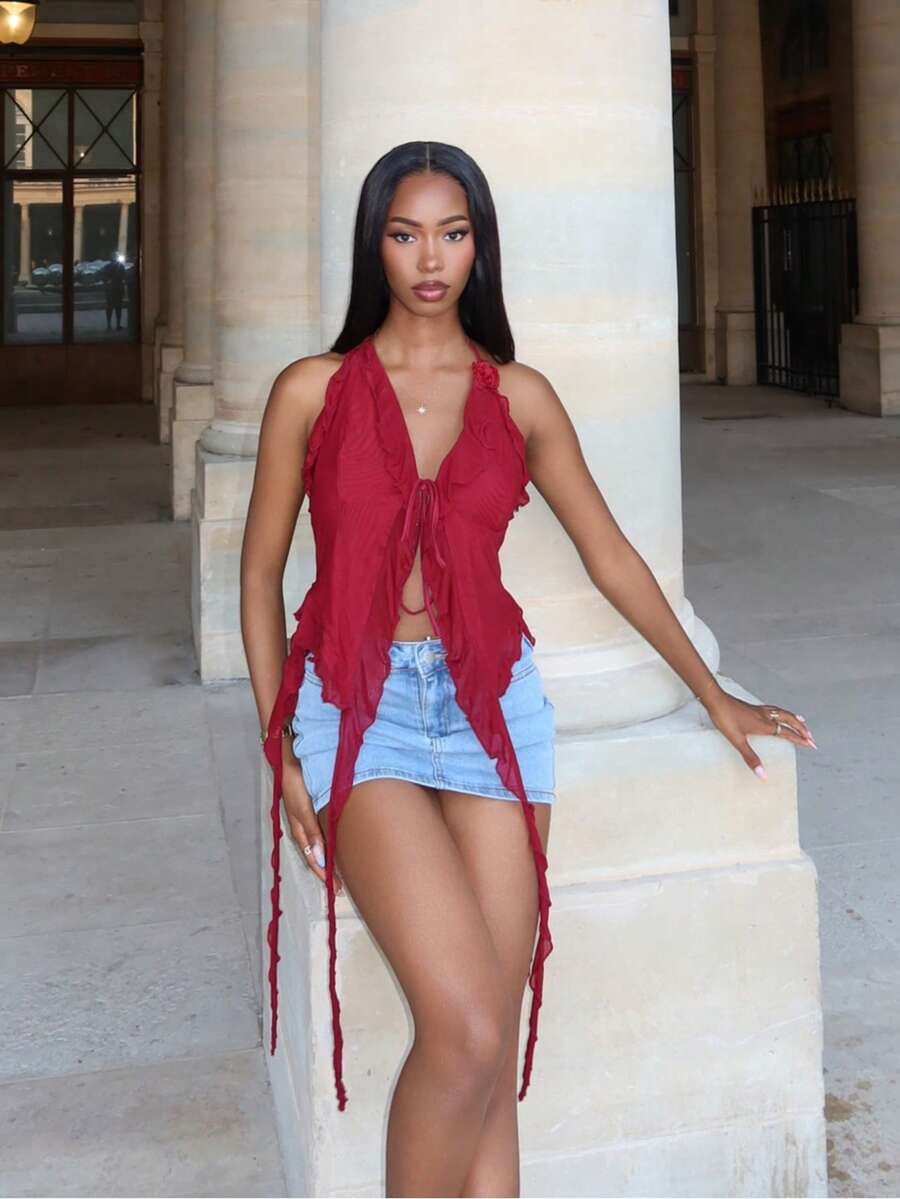 Mima John 夏季浪漫荷叶边丝带和 3D 花朵领结夏季女式上衣音乐会性感 - 酒紅色 - 查看 1