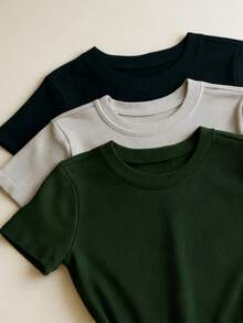 3 Piece Kit Women's Short Sleeve T-Shirt Blouse Plain Ribbed Fabric Cotton Long Basic - 黑色+灰色+軍綠色 - 查看 2