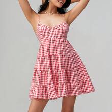 Women Spaghetti Strap Cami Dress Plaid Sweetheart Neck Tiered Hem Back Lacing Short Dresses - Đỏ - Xem 7