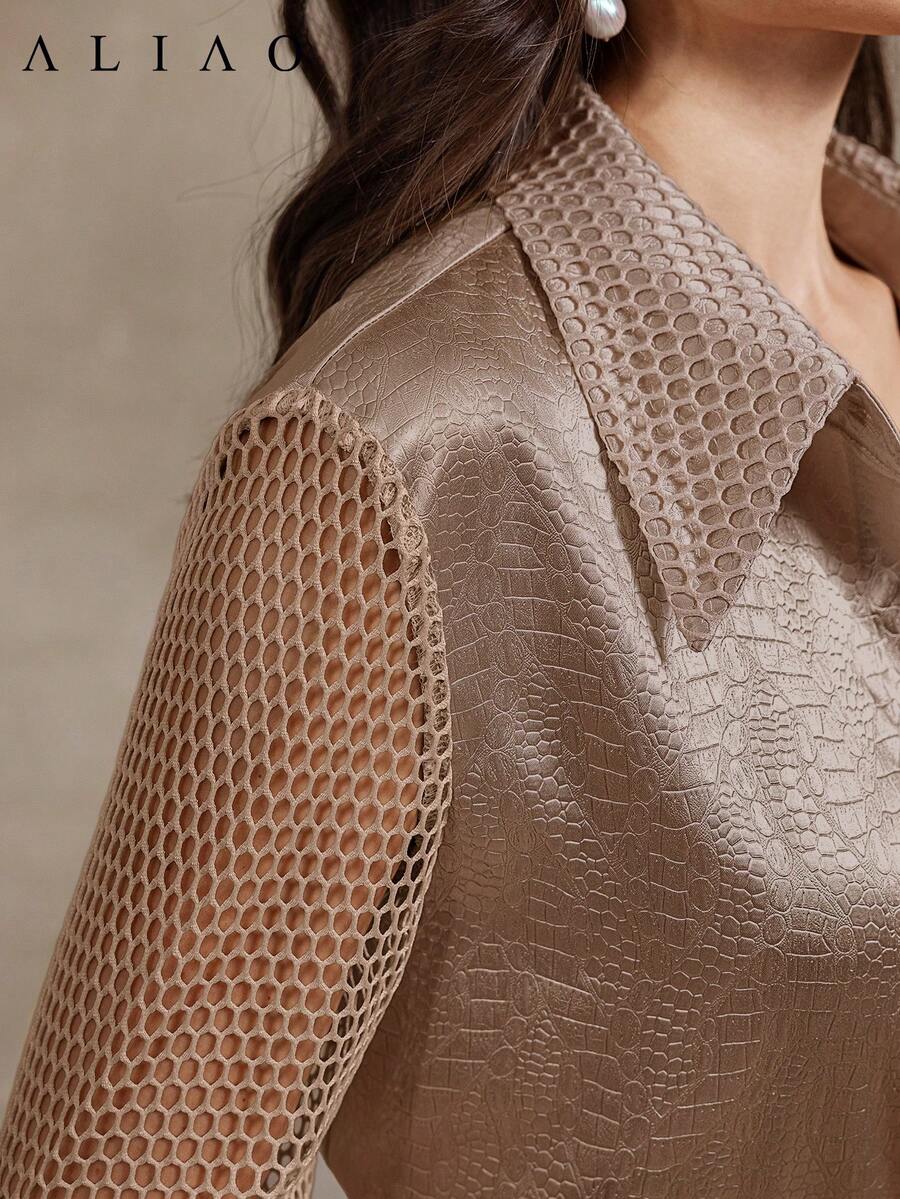 Mesh Splicing Cutout Textured Fabric Blouse For Women, Fall, Autumn, Exquisite Tops, Concert, Back To School