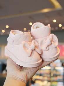 1雙嬰幼兒蝴蝶結圓頭中筒魔鬼氈平底鞋，可愛風格，適合冬季 [請根據實際內長選擇] - 粉色 - 查看 4