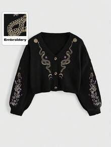 Áo khoác len ngắn tay dáng rộng cổ chữ V thêu họa tiết cây cỏ và rắn theo phong cách Gothic - Món đồ cơ bản hàng ngày cho mùa thu và mùa đông. Màu đen. - màu đen - Xem 2