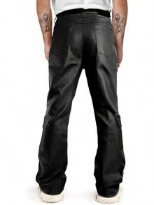 Mens Faux Leather Cargo Pants Flared Bell Bottoms With Pockets For Men 70s Party Pants-20256688 - 黑色 - 查看 9