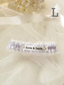 Satin Lace Wedding Garter, Customizable Name Date Letter Embroidery, Faux Pearl Double Layer Adjustable Plus Size Garter, Wedding Keepsake - Multicolor - View 18