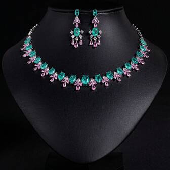 3 adet/takım Gümüş Tonlu Kübik Zirkon Taşlı Takı Seti, Küpeler, Kolye Dahil, Kadınlar İçin Tatil, Parti, Düğün, Ziyafet Kıyafetleri, Moda Takı Hediye Seti İçin Uygundur