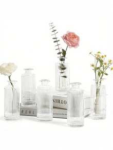 6pcs Vintage Style Glass Vase Set, Tabletop Decor, Suitable For Graduation Gifts, Bachelor Party Gifts, Bridesmaid Gifts, Father's Day Gifts, Halloween Decor, Halloween Gifts, Bridesmaid Proposal Gifts, Wedding Guest Favors - Clear - View 1