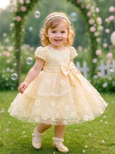 H HIBOBI Baby Girl Special Occasion Dress 9M-4Y – Elegant Yellow Tulle Princess Gown With Floral Embroidery And Big Bow For Birthday Party, Wedding, Or Formal Events