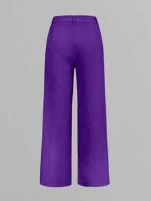 女式高腰侧袋阔腿西装裤，春秋 - 紫色 - 查看 3