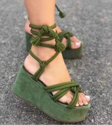 New Summer Style Large Size Women's Shoes Wedge Heel Lace-Up Fashion Thick Sole Strap Sandals For Women - 綠色 - 查看 2