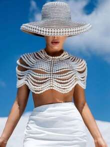 1 chiếc khăn choàng toàn thân đính ngọc trai thủ công, kiểu dáng cá nhân hóa, phóng đại thời trang dành cho nữ - Màu be - Xem 9