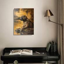 2D Flat, 1pc Naples Mastiff Canvas Wall Art Wood Framed  Lakeside Sunset Painting, Realistic Dog Portrait With Golden Hues, Textured Canvas Art For Living Room Decor, I For Art Lovers & Interior Design Enthusiasts, Decor Aesthetic, Detailed Brushwork