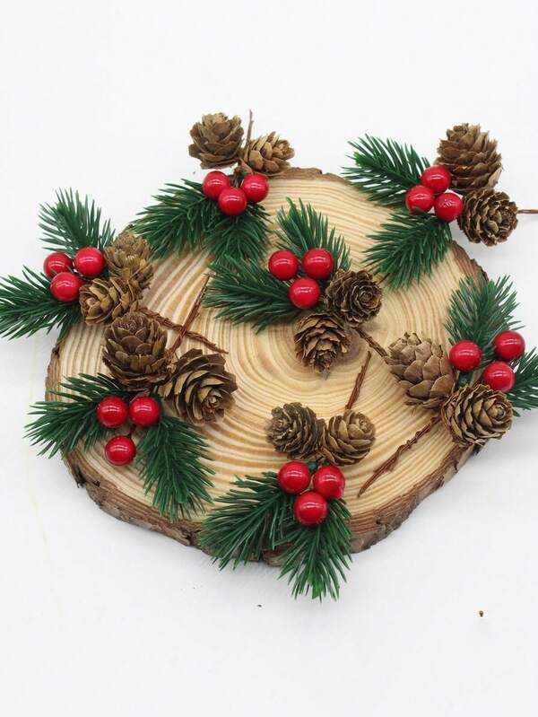 5/10pcs Christmas Floral Picks, Pine Cone Holly Berry Stems For Crafts, Artificial Christmas Picks And Sprays, Red Berry Branches Greenery For Christmas Home Decor, Garland, Wreath Christmas Decorations Room Decor
