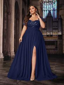 Classic Design Plus Size Women Solid Color Applique Sequins Patchwork Short Sleeve Gown Dress, Valentine's Day Wedding Spring Party - Navy Blue - View 4