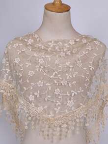 Lenço feminino de renda floral rosa vazada com franjas, em cor sólida, ideal para véu de noiva ou xale de casamento. - Multicolorido - Ver 24