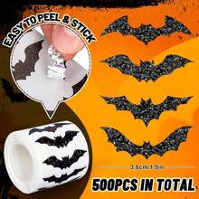 Halloween Bats Stickers Roll Laser Black Bats Shape Waterproof Decals 5 Designs Sparkly Self-Adhesive Stickers For Halloween Party Envelope Scrapbook Decor, 500Pcs - Black Bat Sticker - View 3