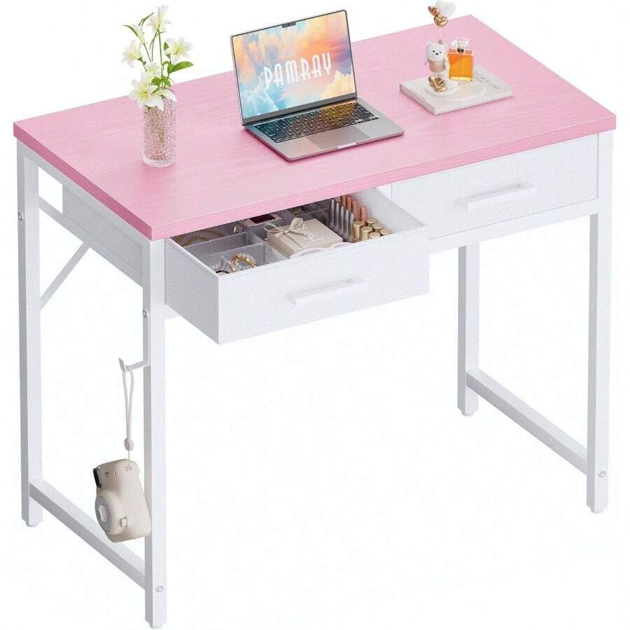 32 Inch Small Computer Desk With 2 Drawers Bedroom Study Writing Home Office Table Small Spaces Black - 粉色 - 查看 1