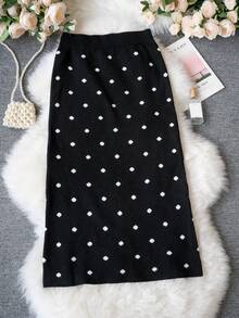 法式优雅风格复古波尔卡圆点针织裙，修身版型，适合圣诞节、新年、通勤、约会、秋冬 - 黑色 - 查看 10